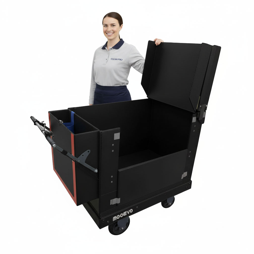 carrito de basura plegable con tapa abierta