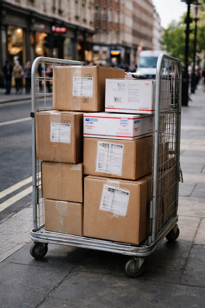 carrito con paquetes solo en la calle sin proteccion