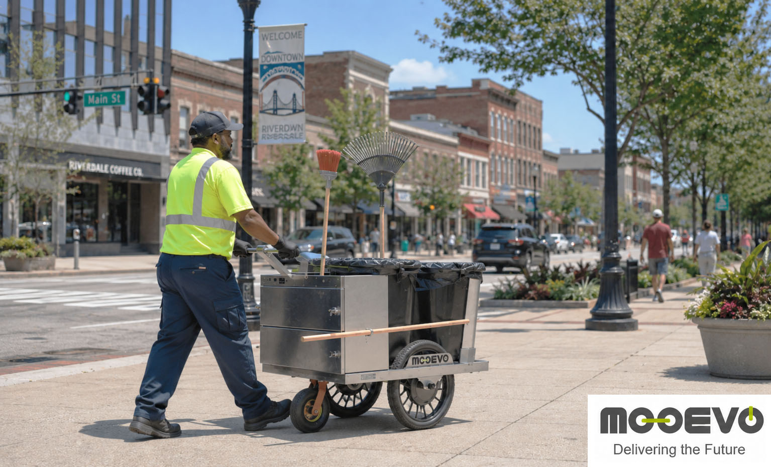 Battery-powered urban litter collection cart for pedestrian zones usa