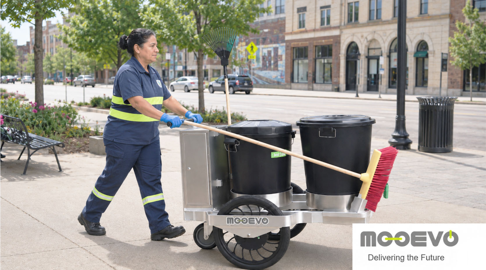 Street cleaning trolley with 2x120L bins brush and shovel electric usa
