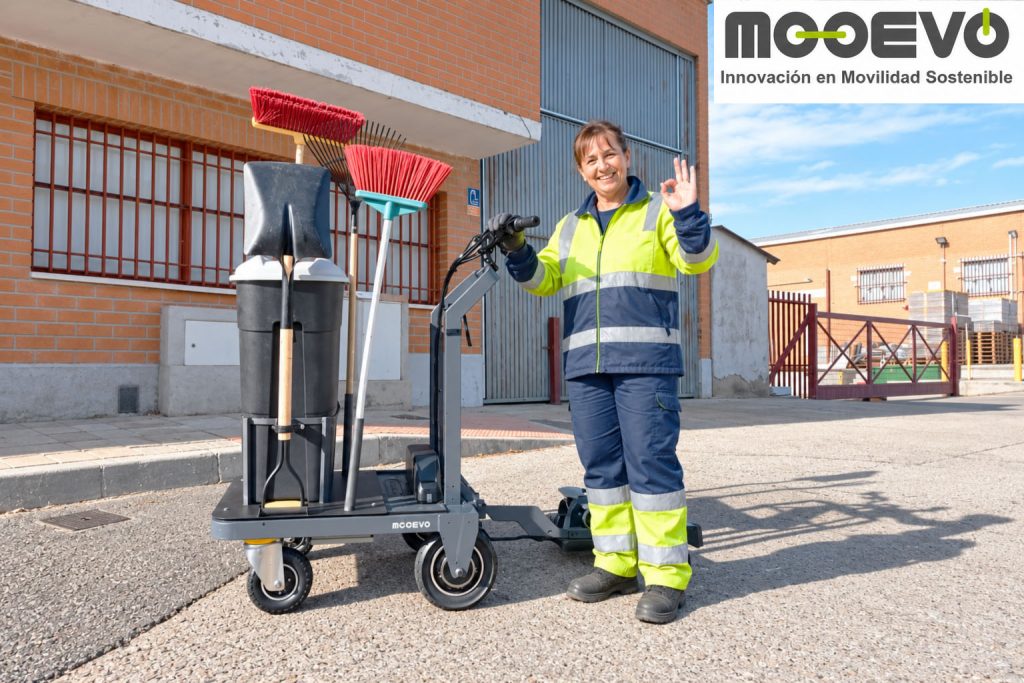 female street cleaner stands next to her electric utility cart